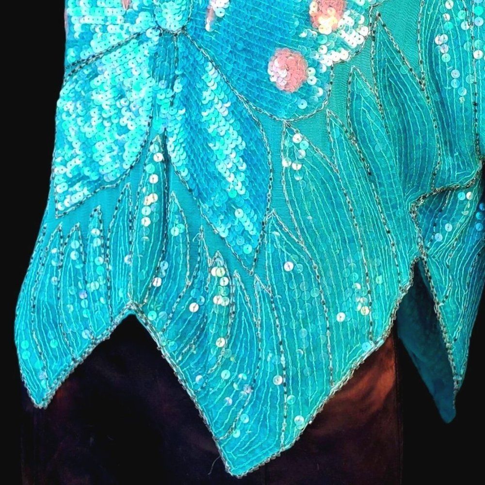 Butterfly Sequin Top Beaded 70s Disco Glam Blue Turquoise Green - Picture 8 of 10